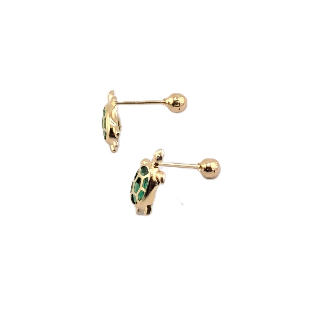 14K Yellow Gold Turtle Stud Earrings Green Cubic Zirconia Jewelry - Picture 7 of 8